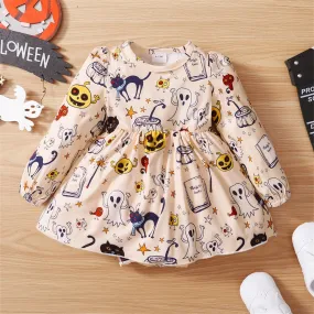 Baby Girls Halloween Long Leeves Baby Romper Pumpkin Ghost Cat Beige Skirt