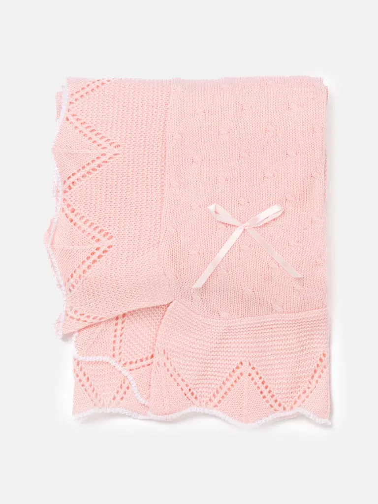 Baby Spanish Ribbon Bow and Dot Knitted Shawl - Pink