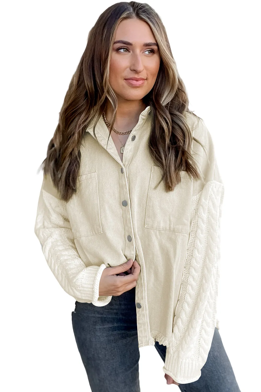 Beige Cable Knit Sleeve Raw Hem Shacket