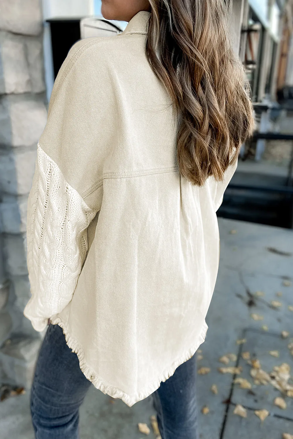 Beige Cable Knit Sleeve Raw Hem Shacket