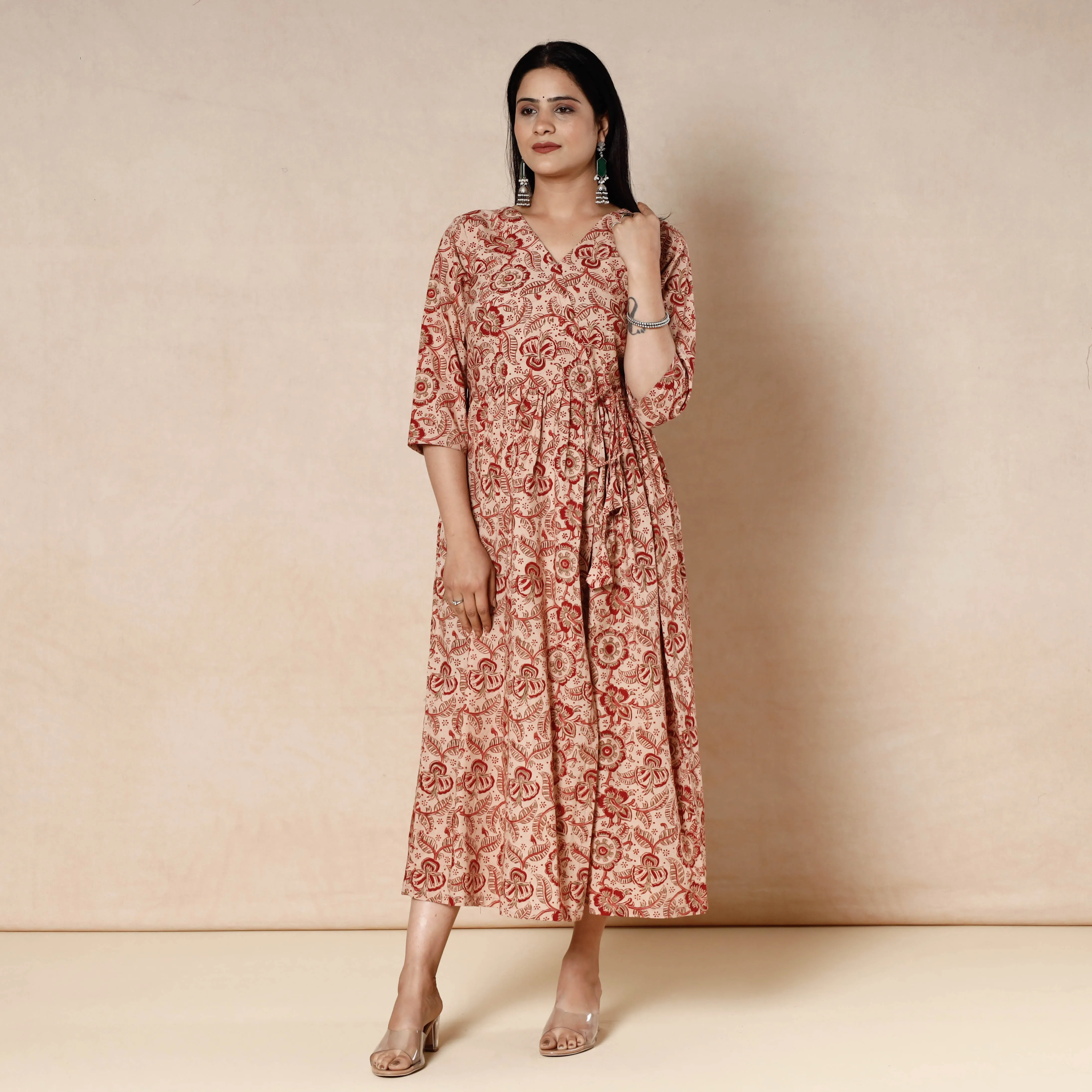 Beige - Kalamkari Block Printed Cotton Flared Dress