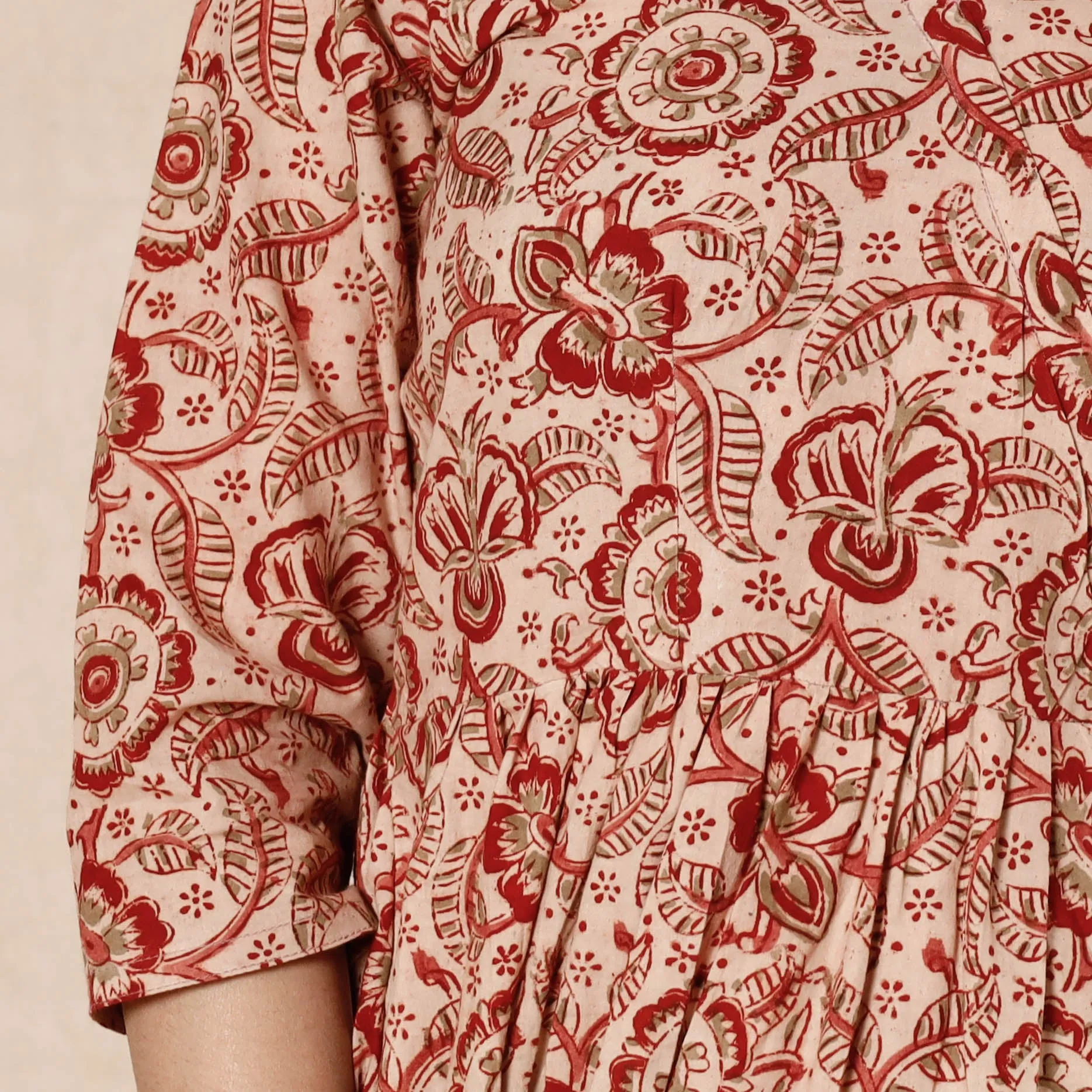 Beige - Kalamkari Block Printed Cotton Flared Dress