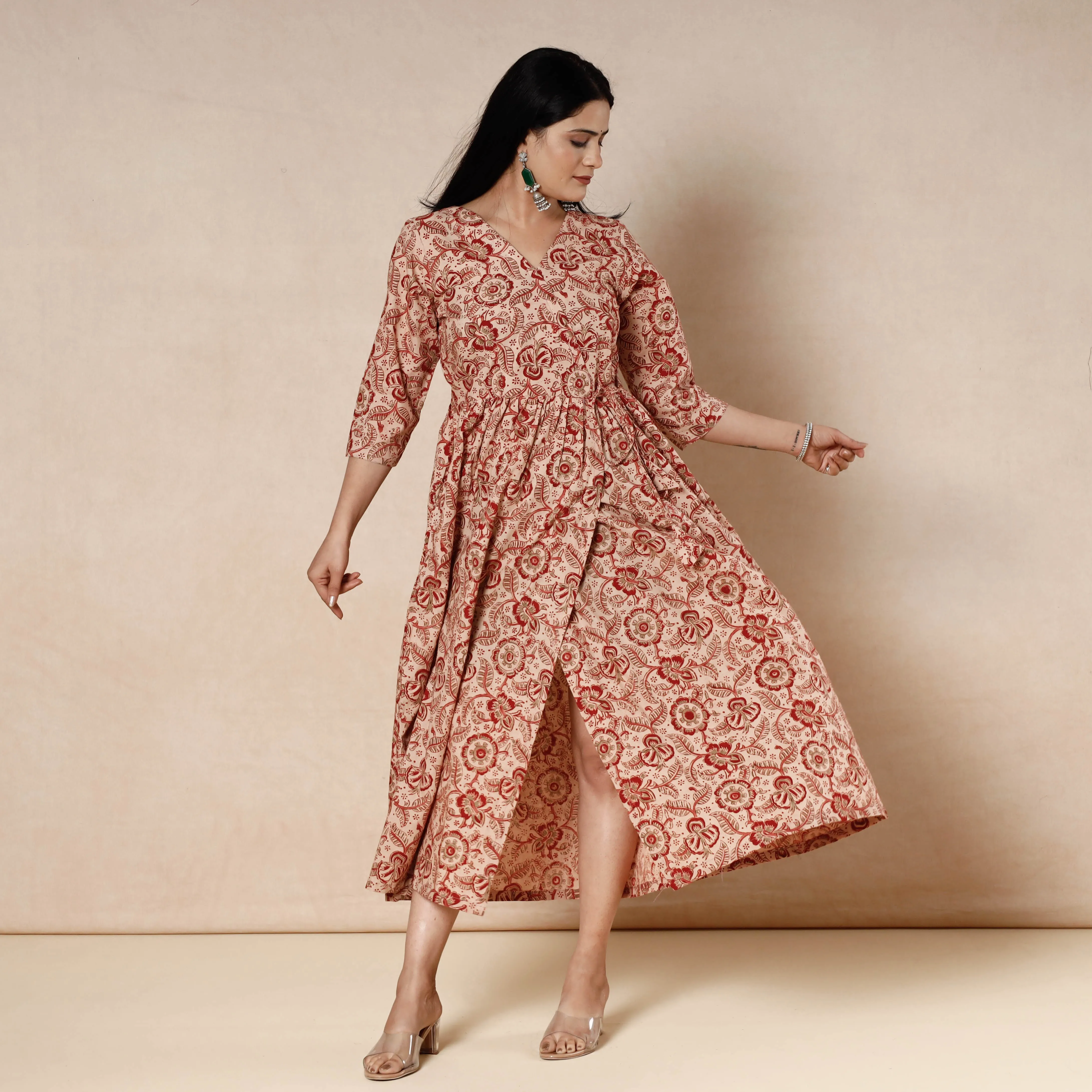 Beige - Kalamkari Block Printed Cotton Flared Dress