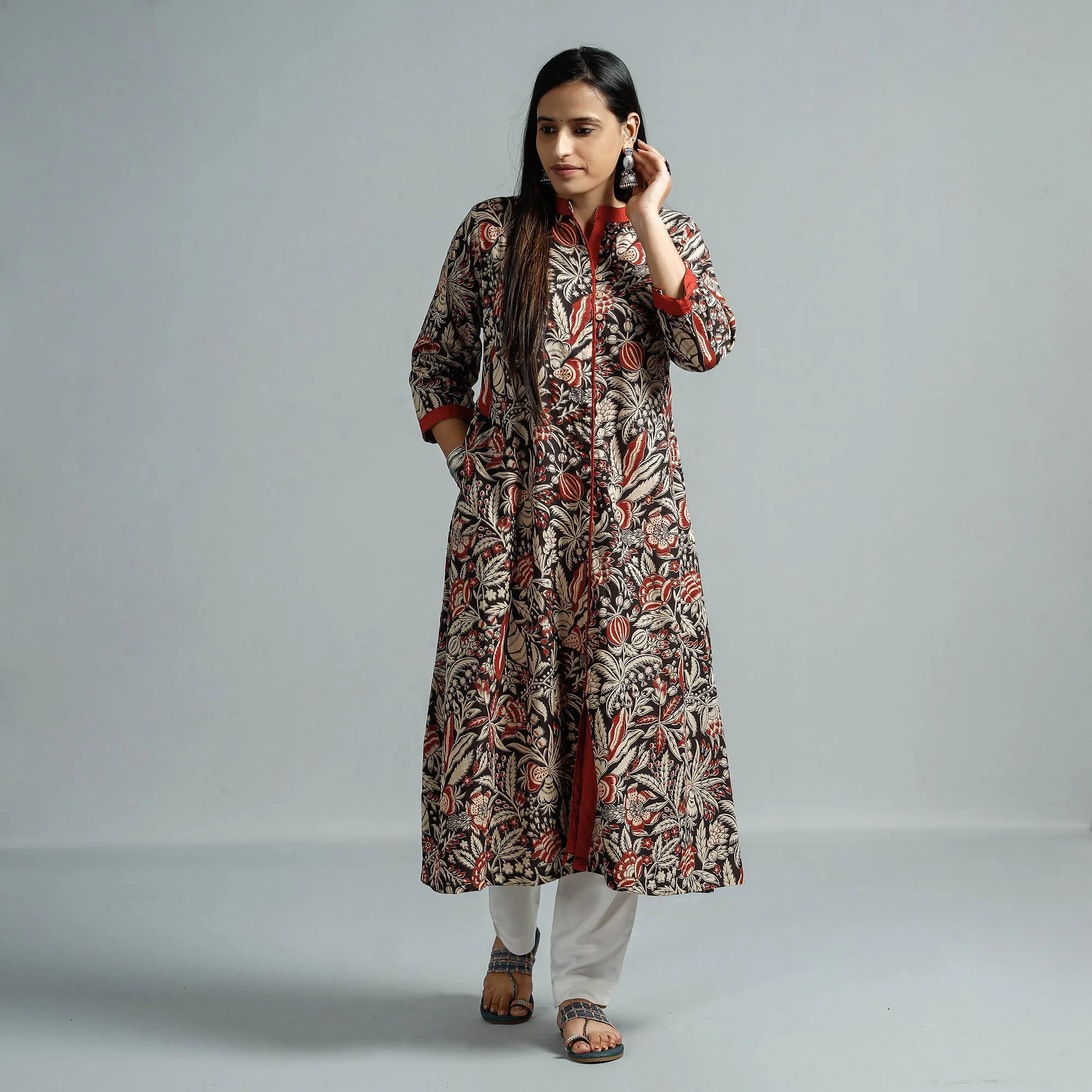 Beige - Kalamkari Printed Cotton Flared Kurta