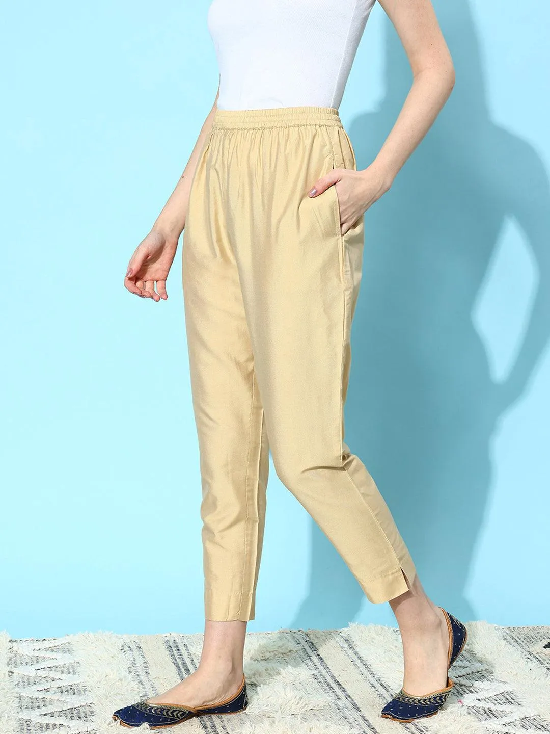 Beige Solid Silk Trousers