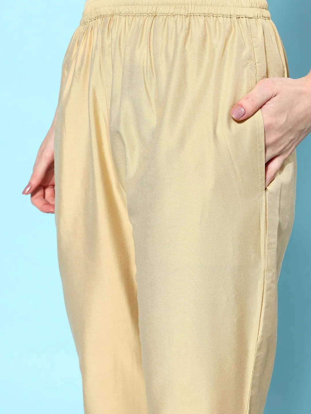 Beige Solid Silk Trousers