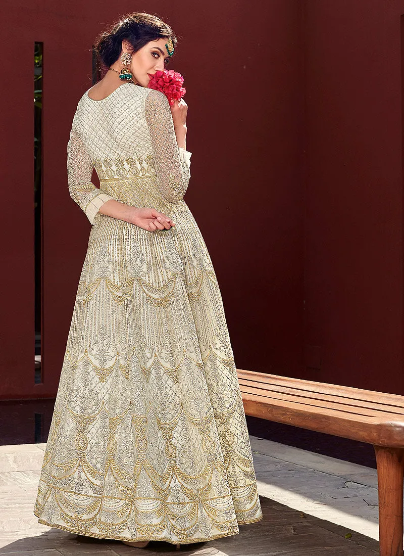 Beige White Golden Zari Embellished Designer Anarkali Gown