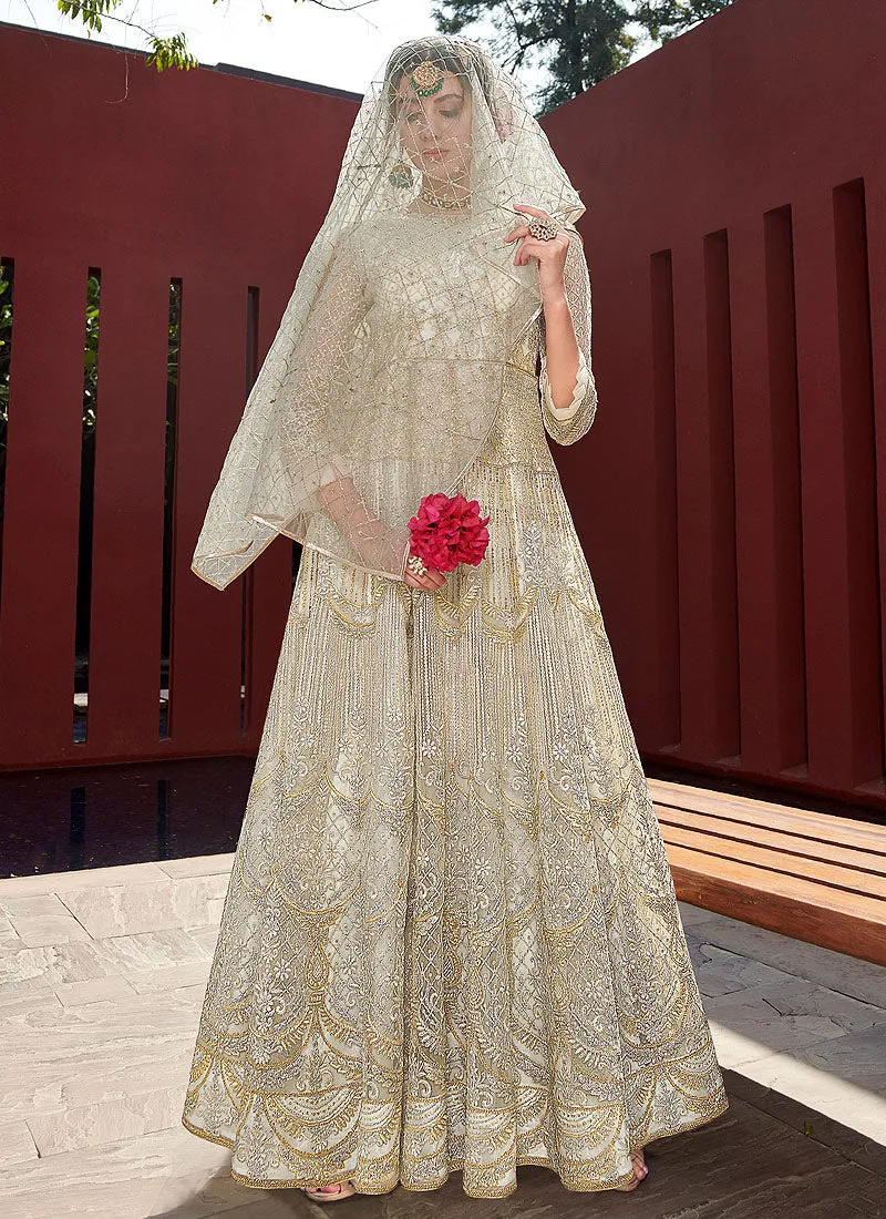 Beige White Golden Zari Embellished Designer Anarkali Gown