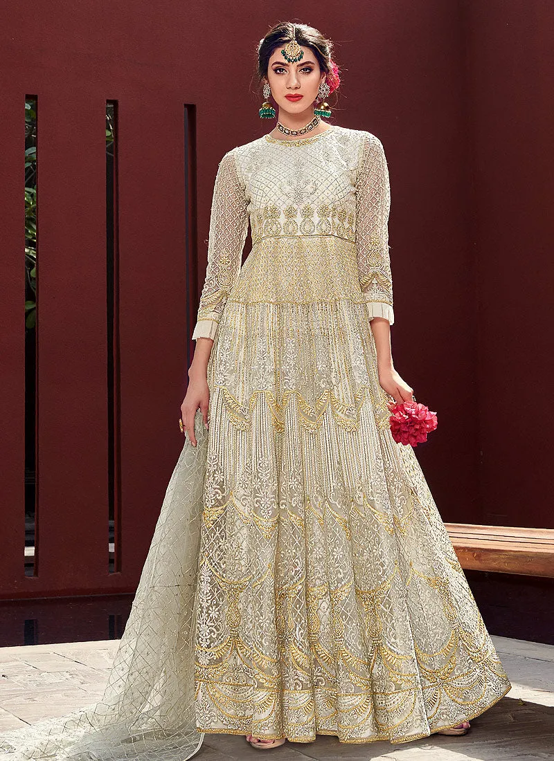 Beige White Golden Zari Embellished Designer Anarkali Gown