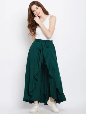 Berrylush Women Solid Green Waist Tie-Up Ruffled Maxi Skirt with Attached Trousers