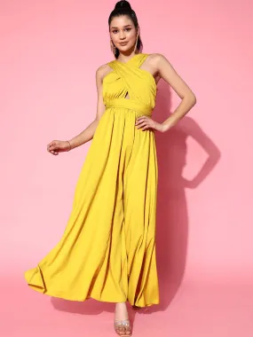 Berrylush Women Solid Yellow V-Neck Criss-Cross Back Crepe Flared A-Line Maxi Dress