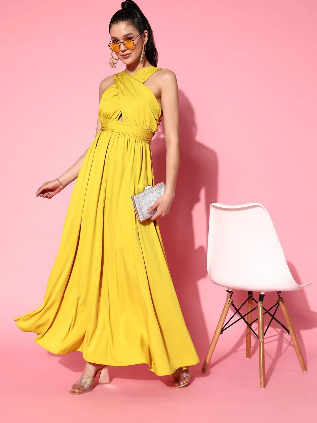 Berrylush Women Solid Yellow V-Neck Criss-Cross Back Crepe Flared A-Line Maxi Dress