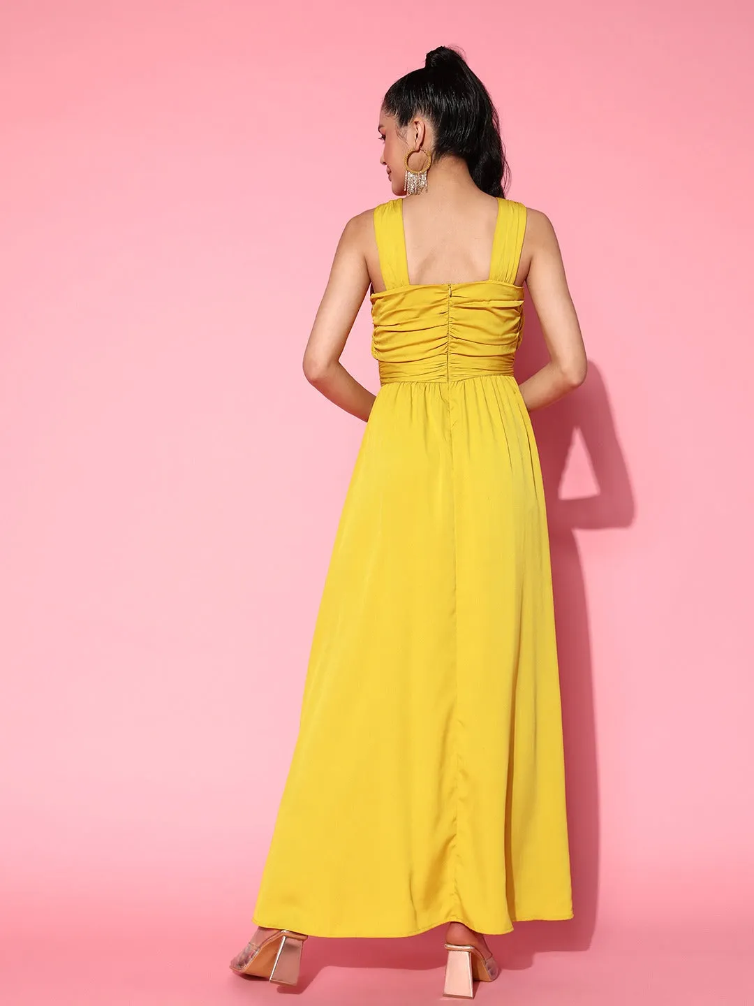 Berrylush Women Solid Yellow V-Neck Criss-Cross Back Crepe Flared A-Line Maxi Dress