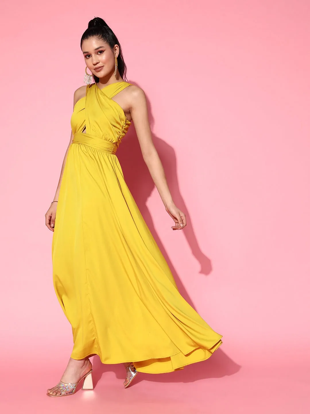 Berrylush Women Solid Yellow V-Neck Criss-Cross Back Crepe Flared A-Line Maxi Dress