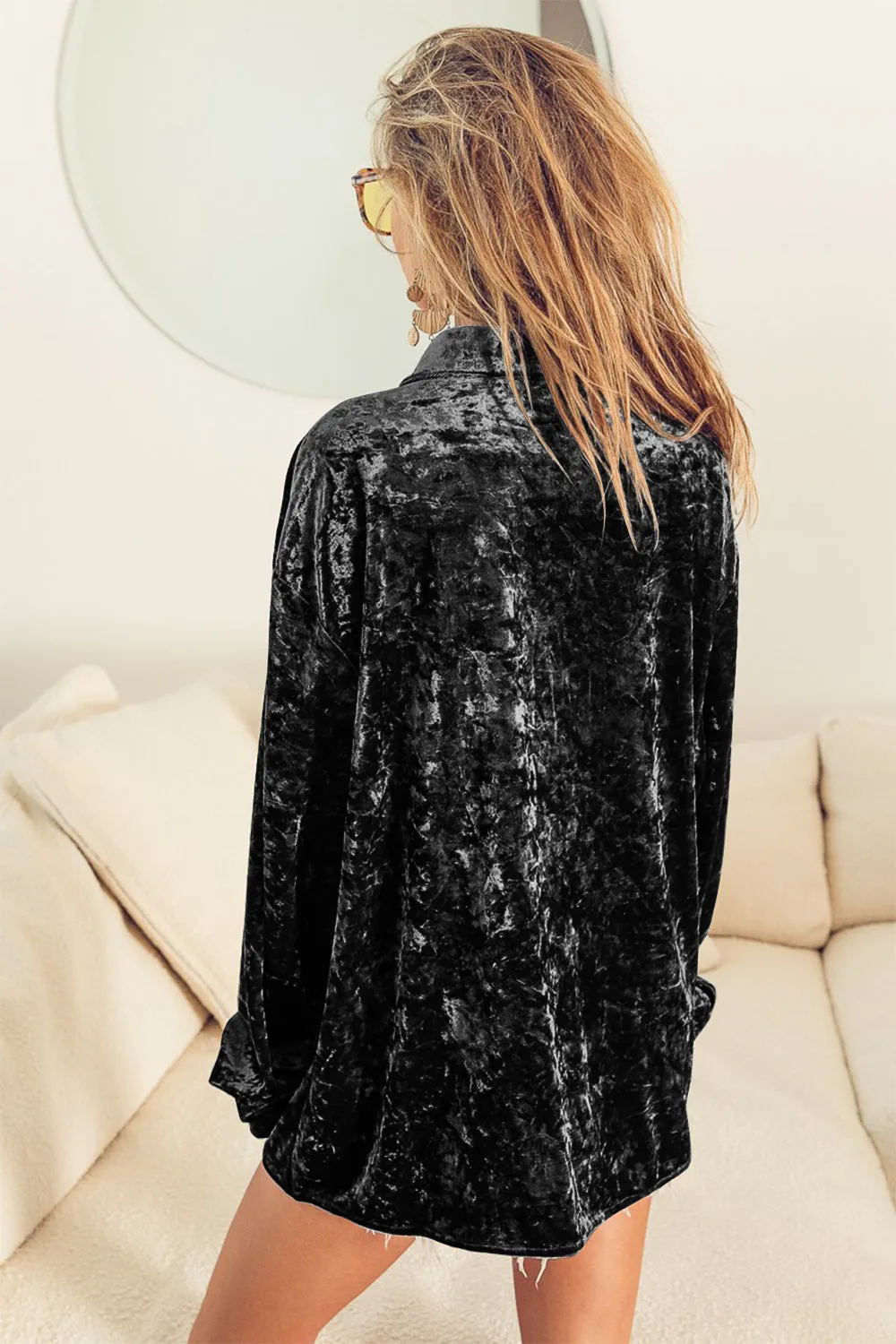 BiBi Velvet Shacket Collar Button-Up Top Long Sleeve Oversized Shirt Jacket Pockets