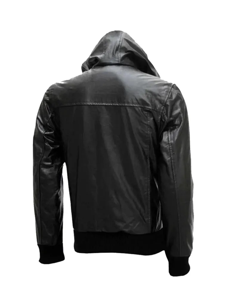 Black Bomber Hooded Style Leather Jacket