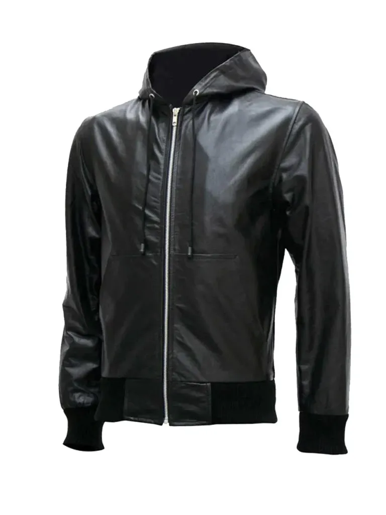 Black Bomber Hooded Style Leather Jacket