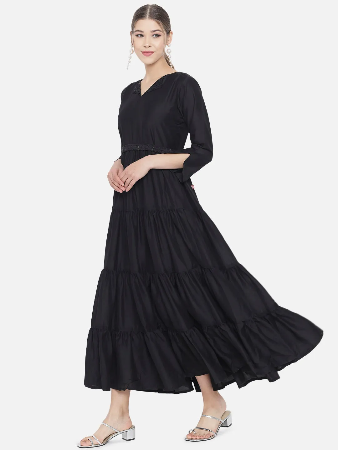 Black Embroidered Muslin Flared Maxi Dress With Belt