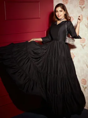 Black Embroidered Muslin Flared Maxi Dress With Belt