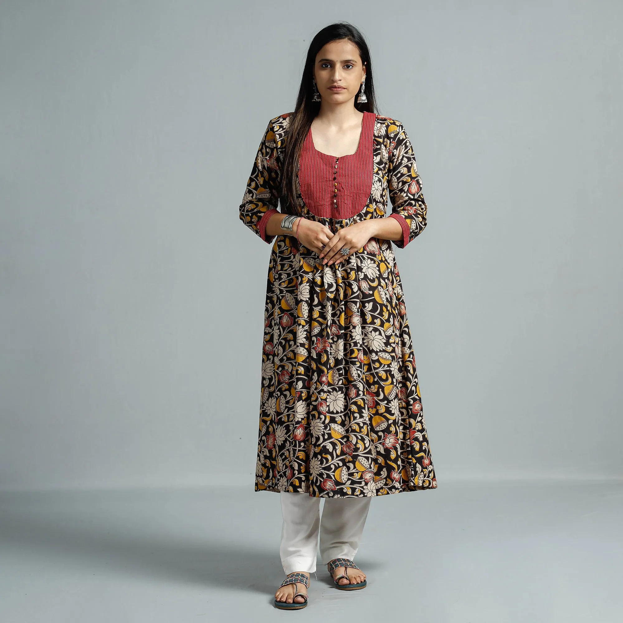 Black - Kalamkari Printed Cotton Flared Kurta