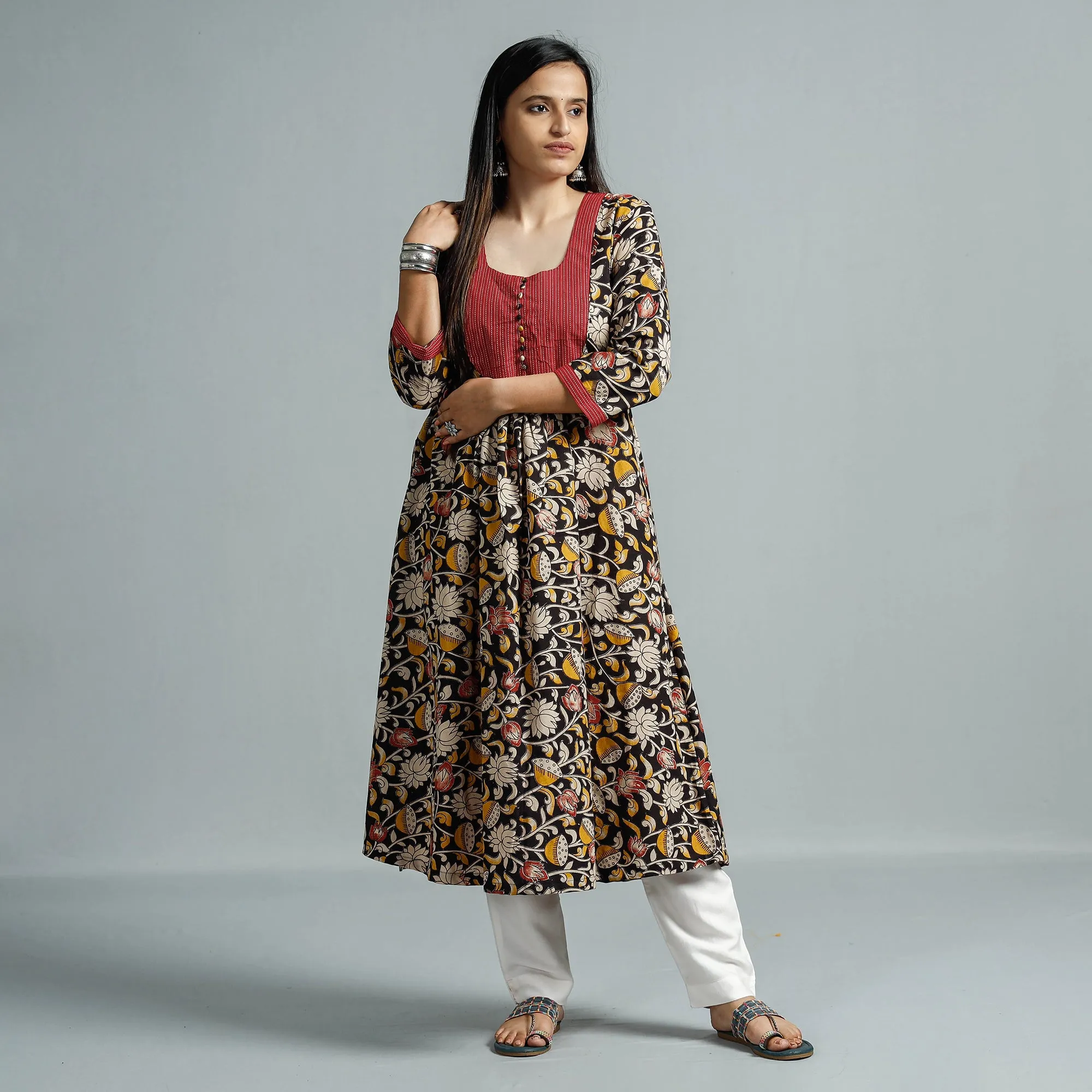 Black - Kalamkari Printed Cotton Flared Kurta