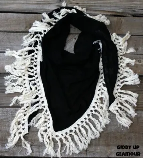 Black Scarf with Ivory Tassel Trim