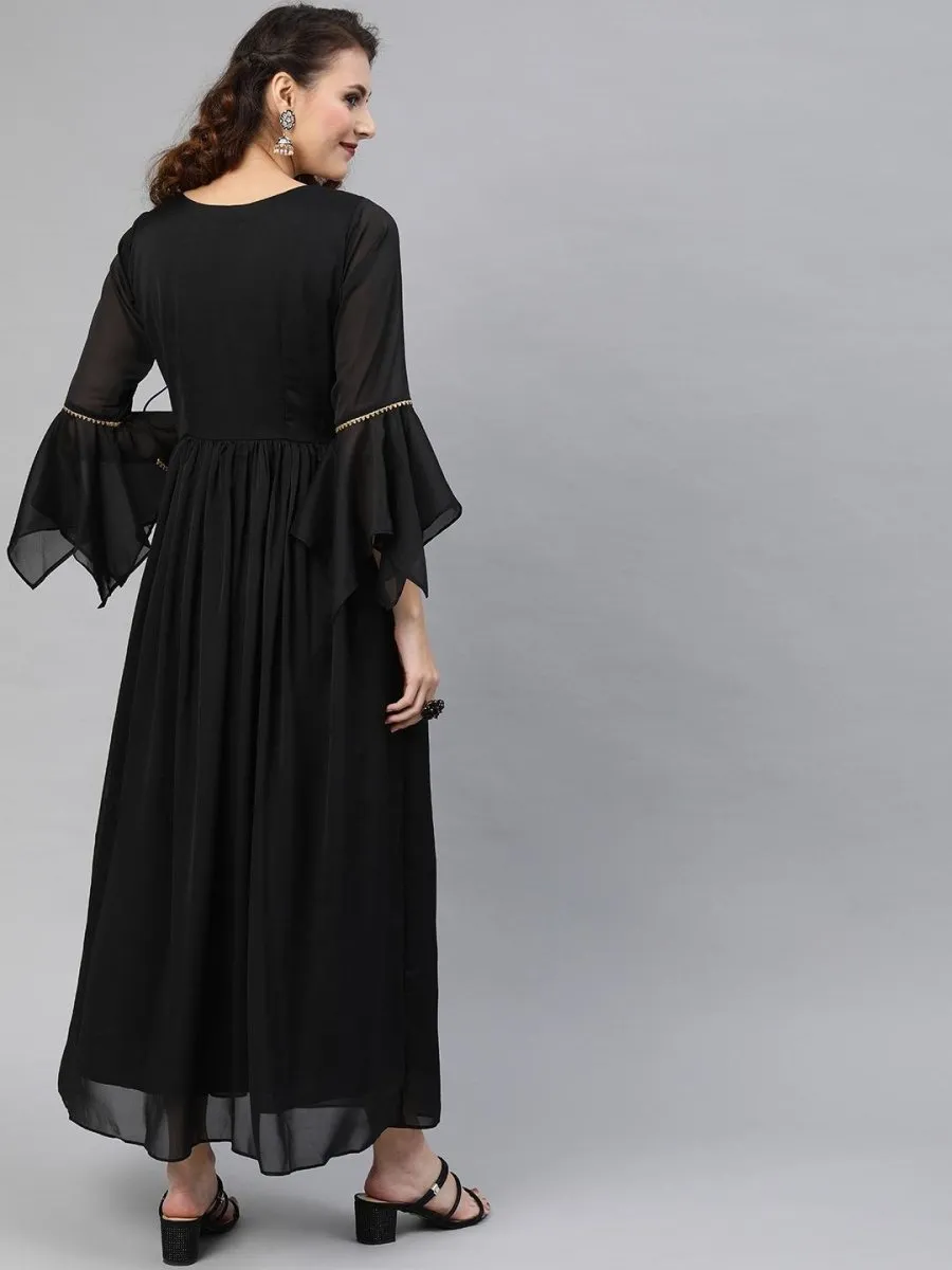 Black Silk Blend Solid Fit & Flared Maxi Gown