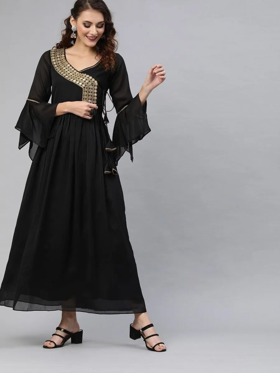 Black Silk Blend Solid Fit & Flared Maxi Gown