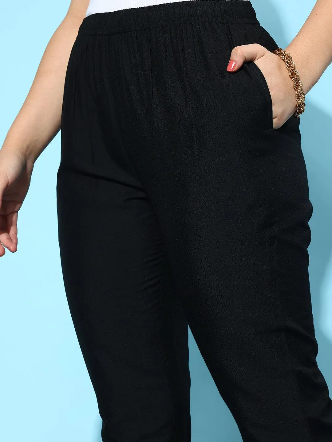 Black Solid Silk Trousers