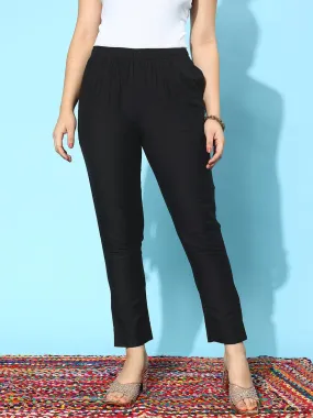 Black Solid Silk Trousers