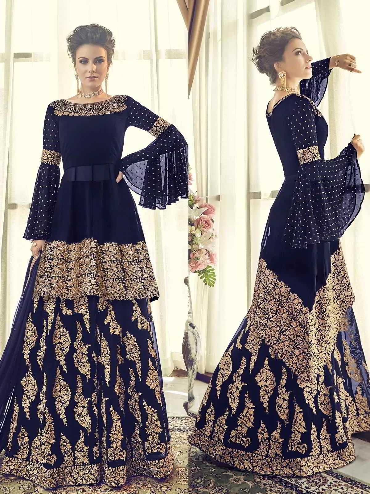 Blue Embellished Indo-Western Style Gharara Suit