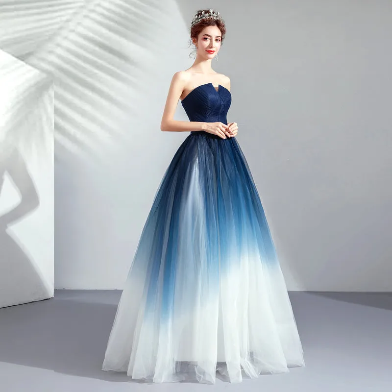 Blue Gradient A Line Skirt Strapless Light Yarn Romantic Evening Dress