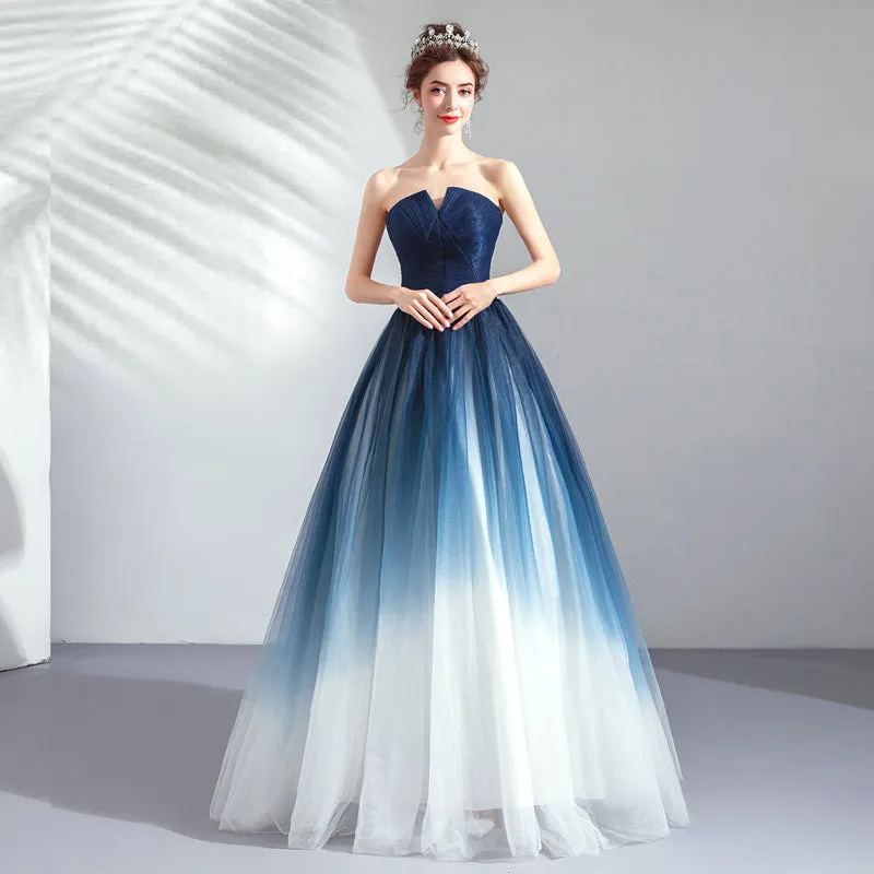 Blue Gradient A Line Skirt Strapless Light Yarn Romantic Evening Dress