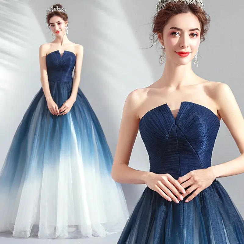 Blue Gradient A Line Skirt Strapless Light Yarn Romantic Evening Dress