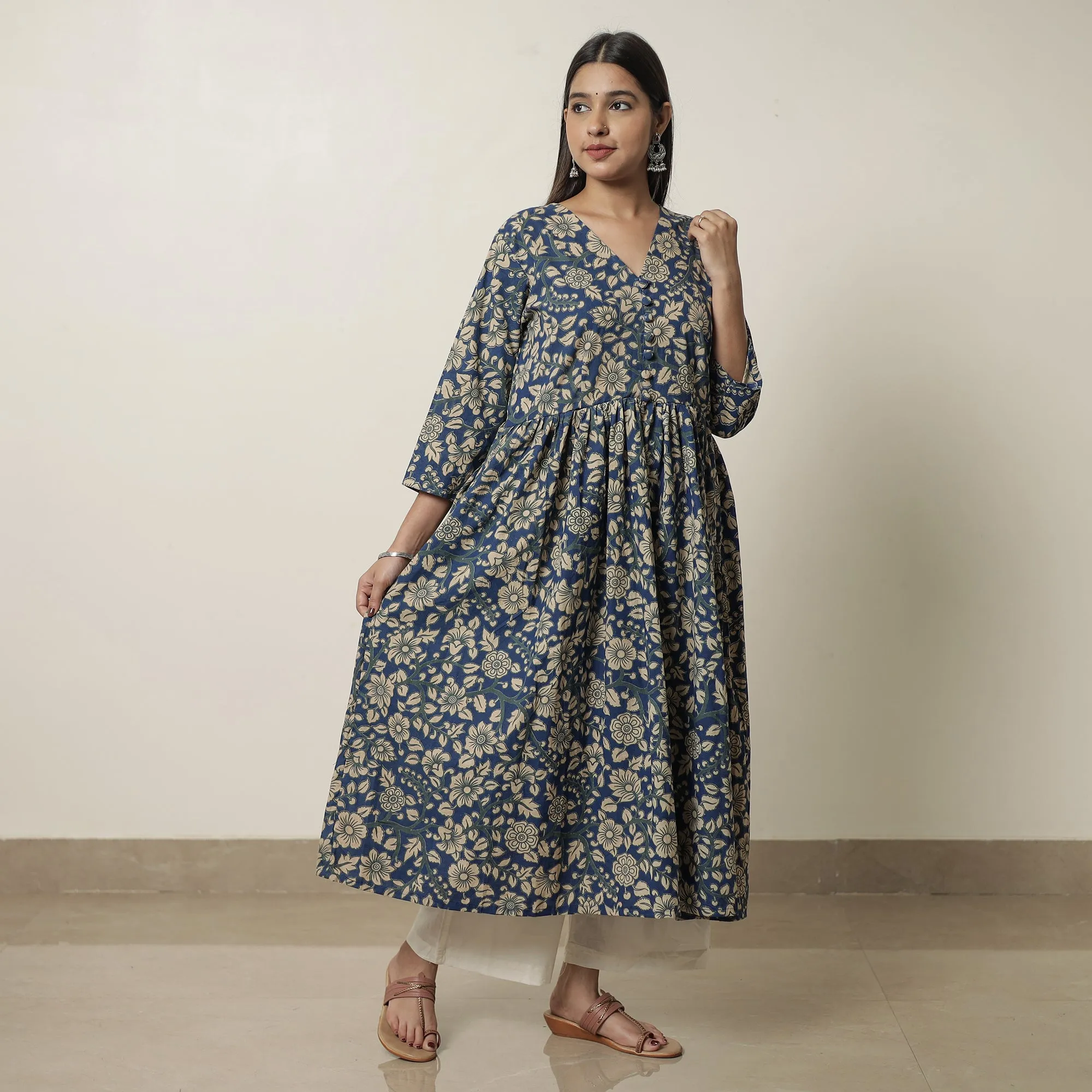 Blue - Kalamkari Printed Cotton Flared Kurta 10