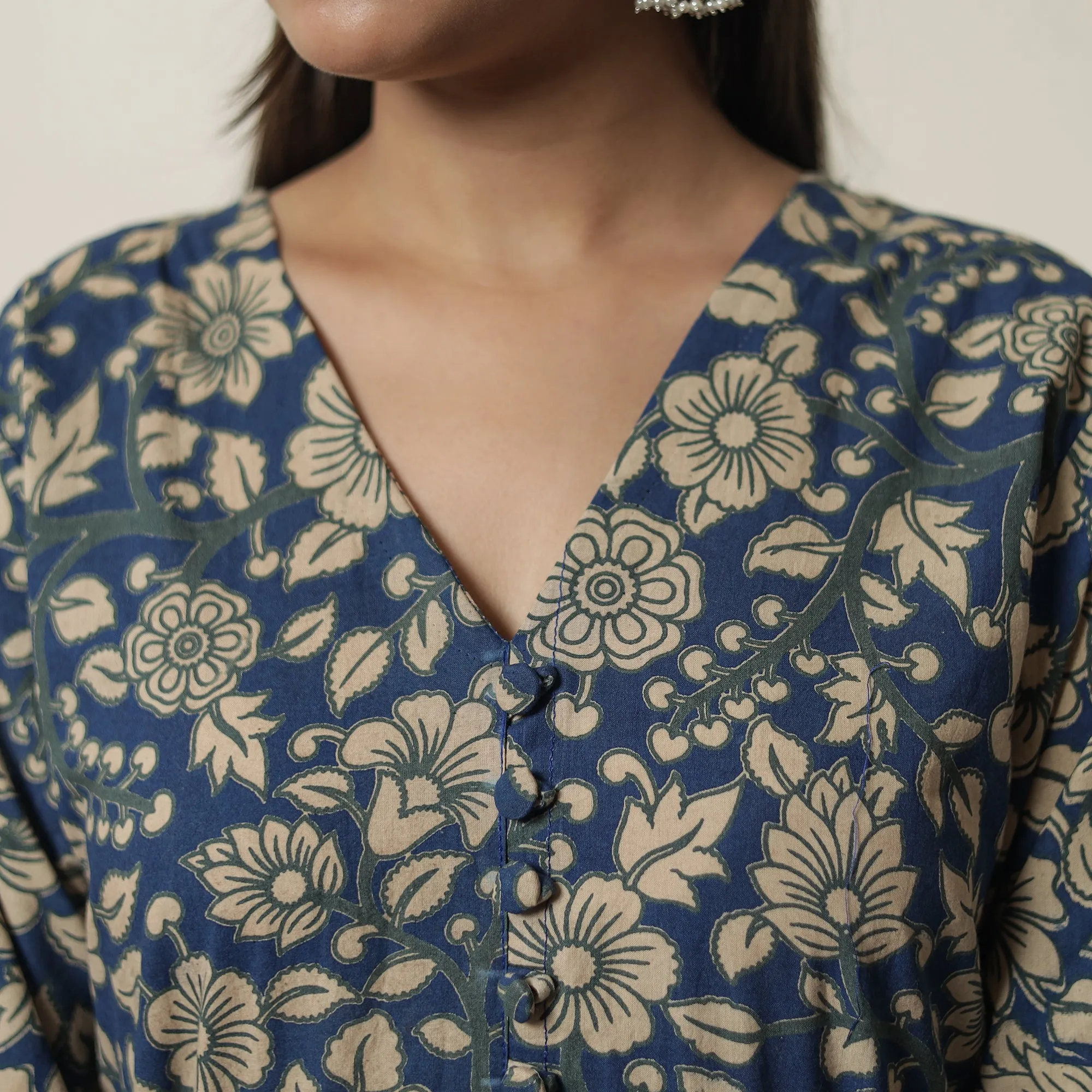 Blue - Kalamkari Printed Cotton Flared Kurta 10