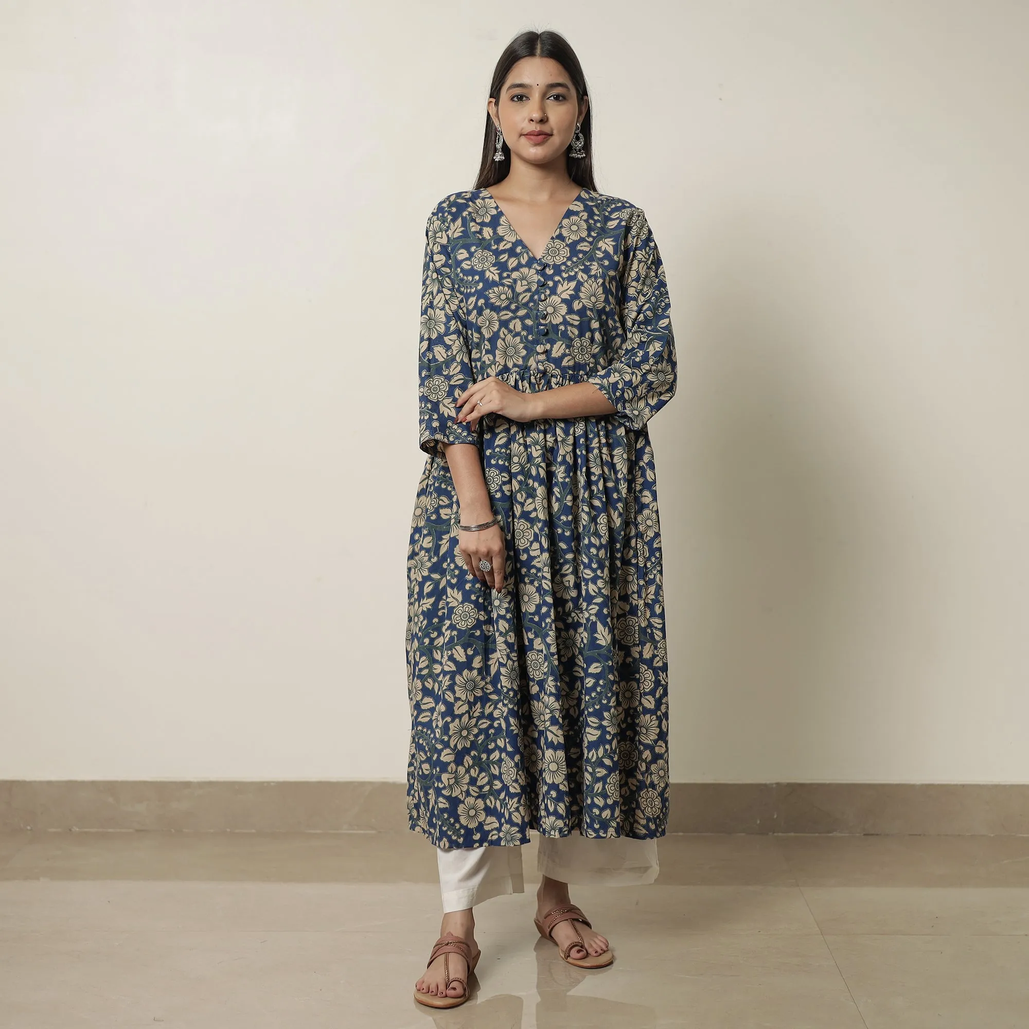 Blue - Kalamkari Printed Cotton Flared Kurta 10