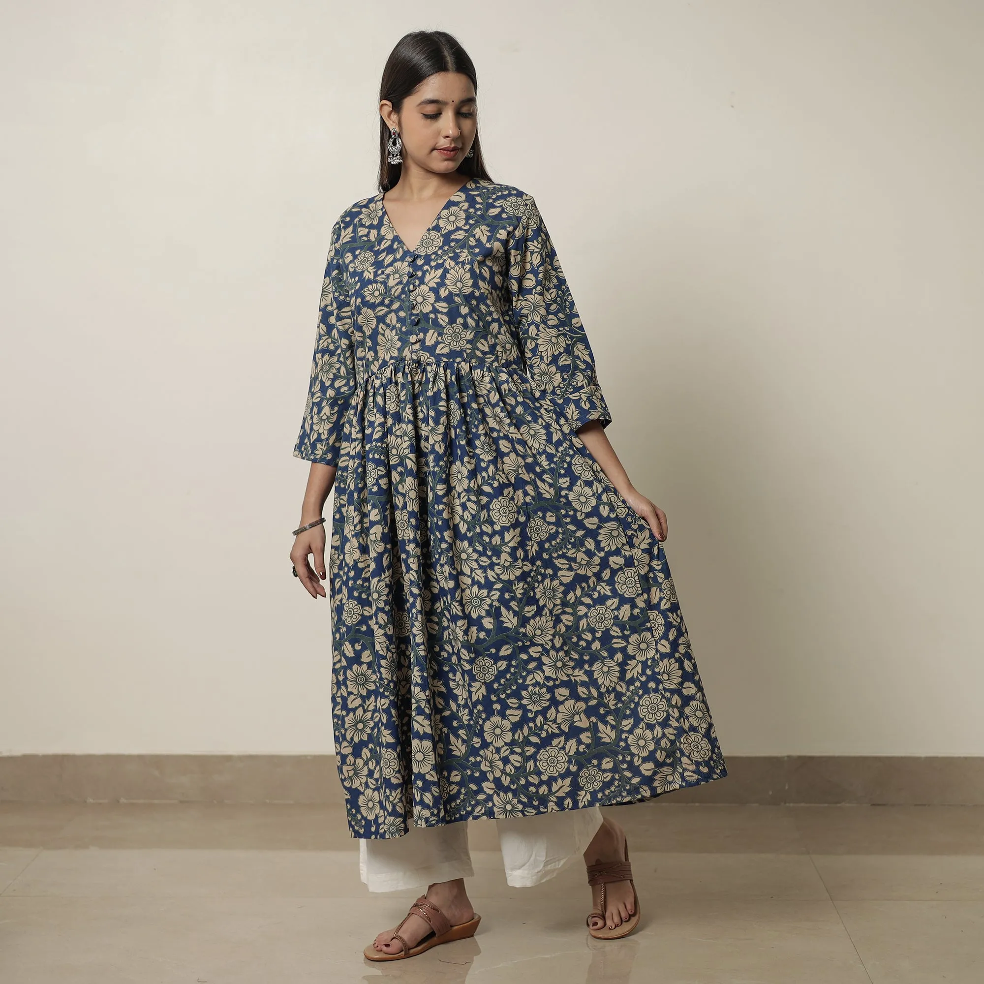 Blue - Kalamkari Printed Cotton Flared Kurta 10