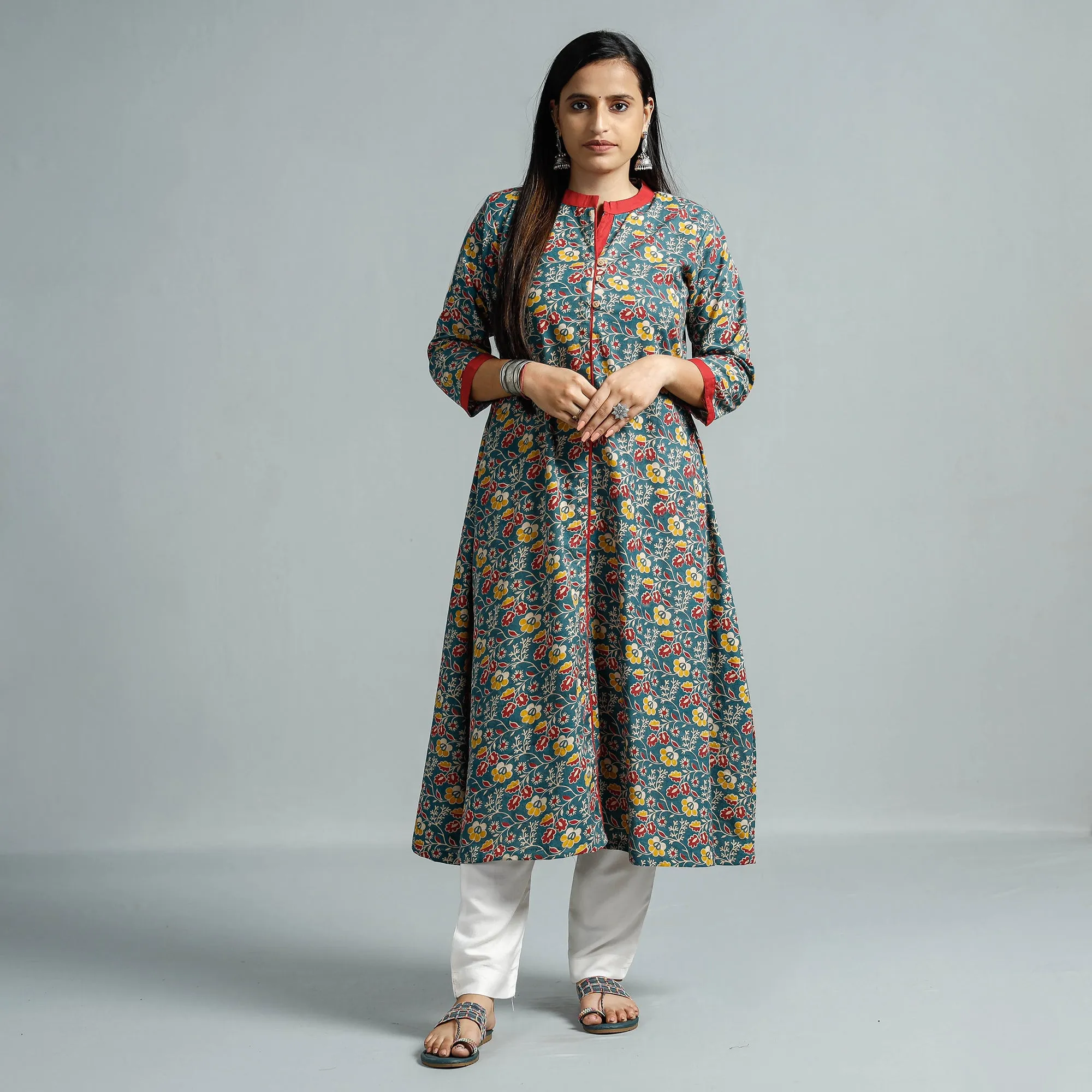 Blue - Kalamkari Printed Cotton Flared Kurta