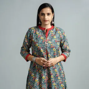 Blue - Kalamkari Printed Cotton Flared Kurta