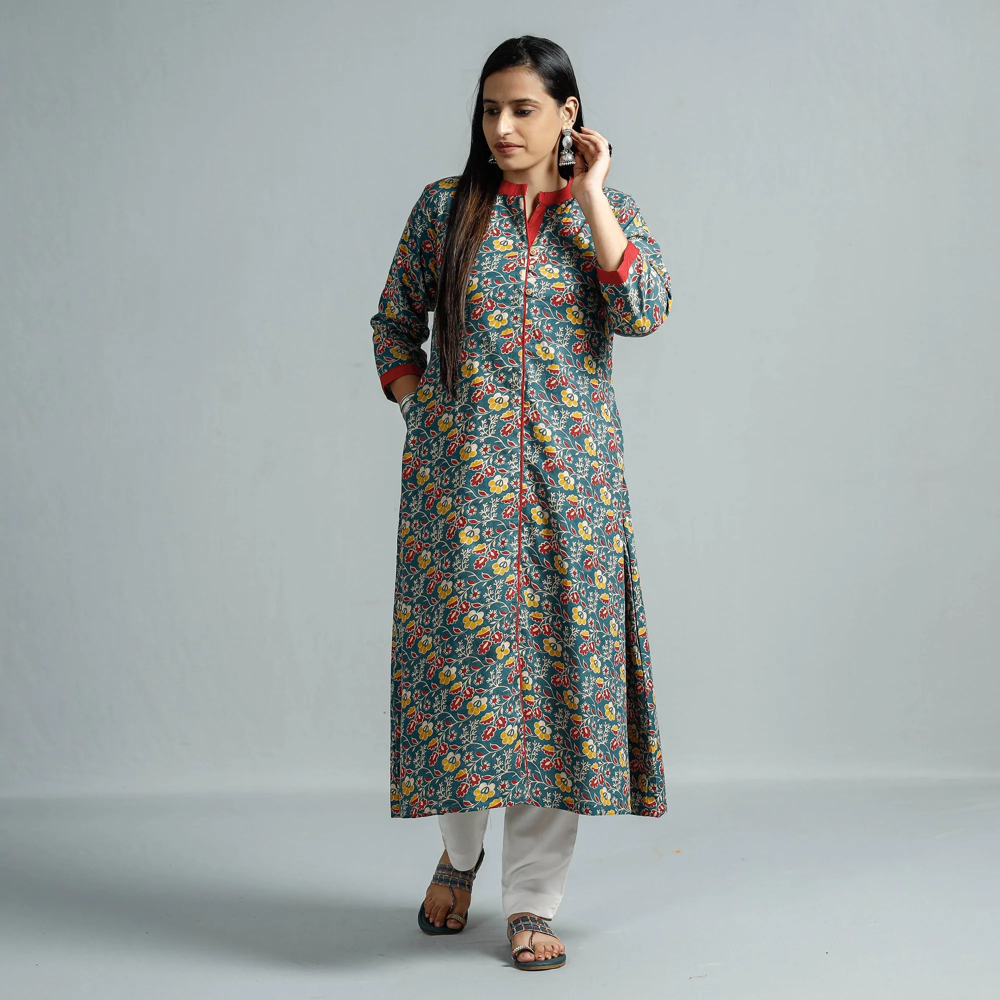 Blue - Kalamkari Printed Cotton Flared Kurta