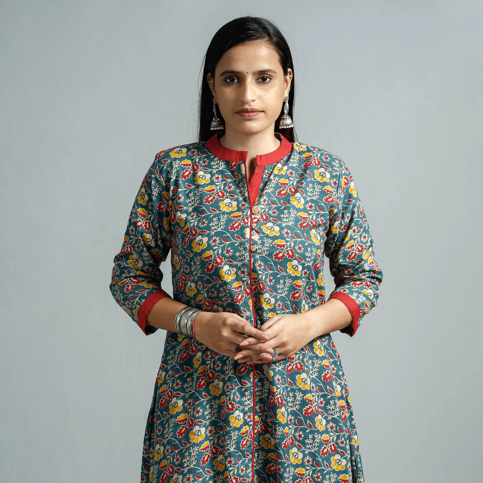 Blue - Kalamkari Printed Cotton Flared Kurta