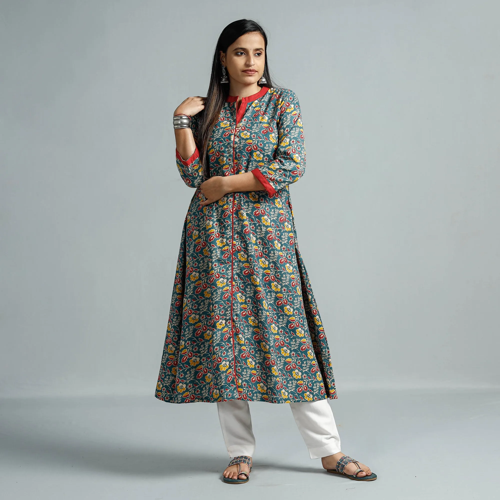 Blue - Kalamkari Printed Cotton Flared Kurta