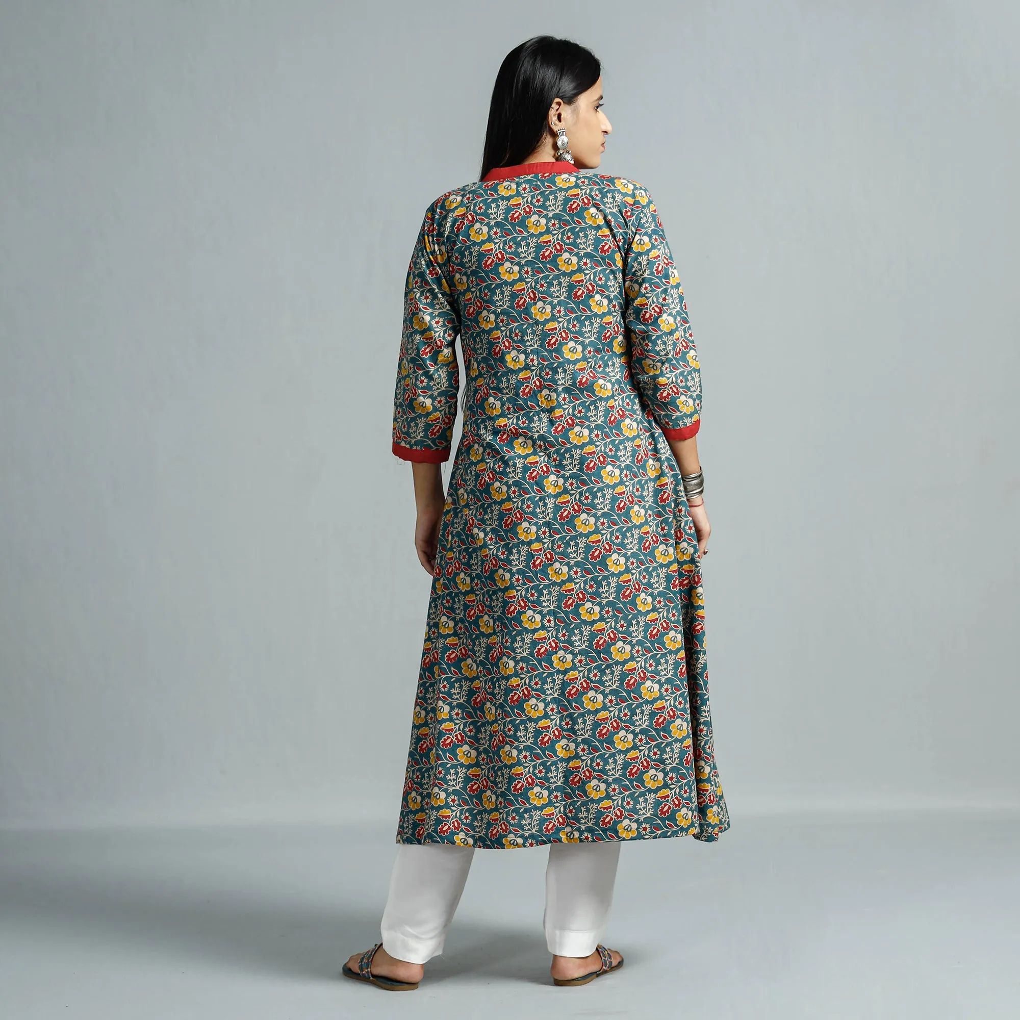 Blue - Kalamkari Printed Cotton Flared Kurta