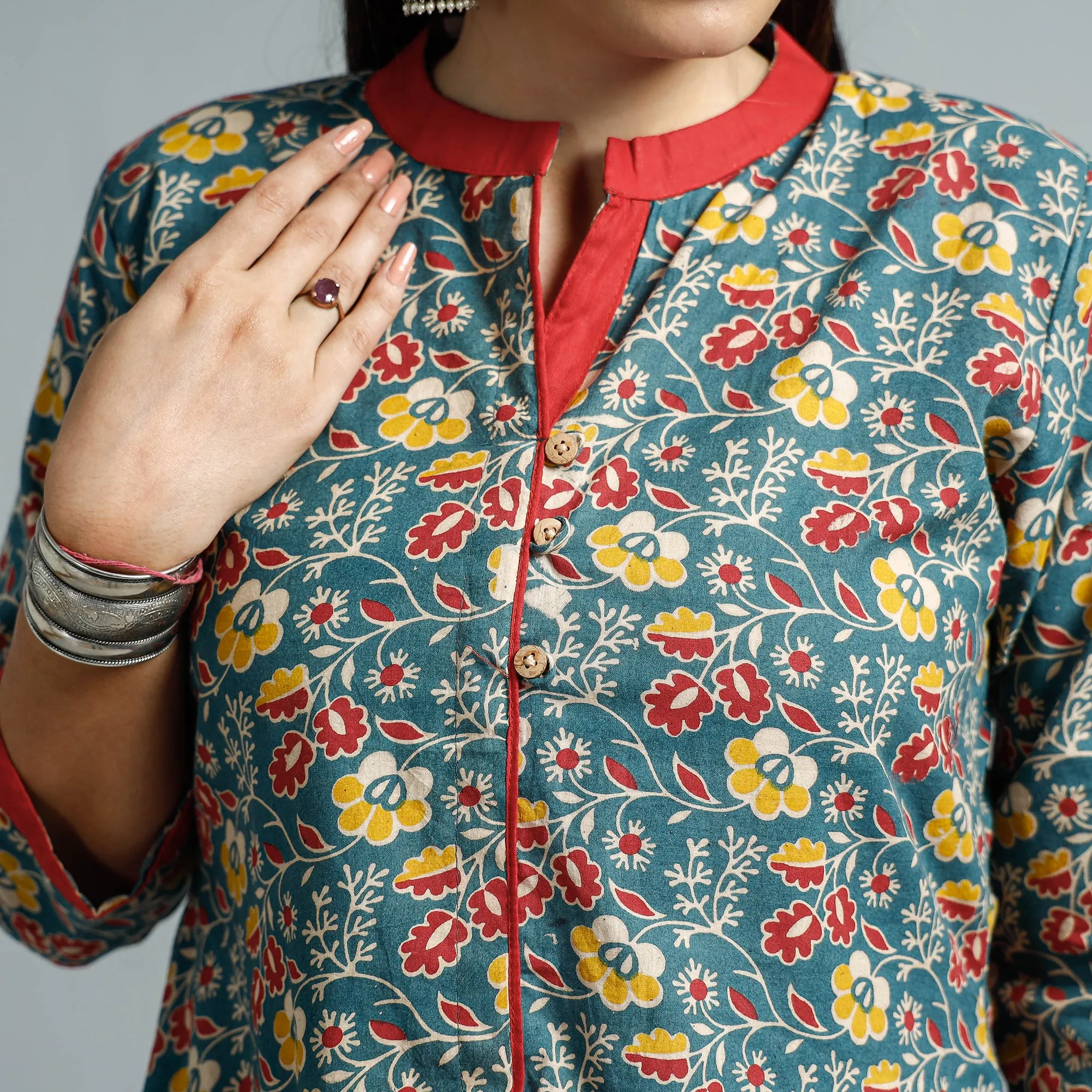 Blue - Kalamkari Printed Cotton Flared Kurta