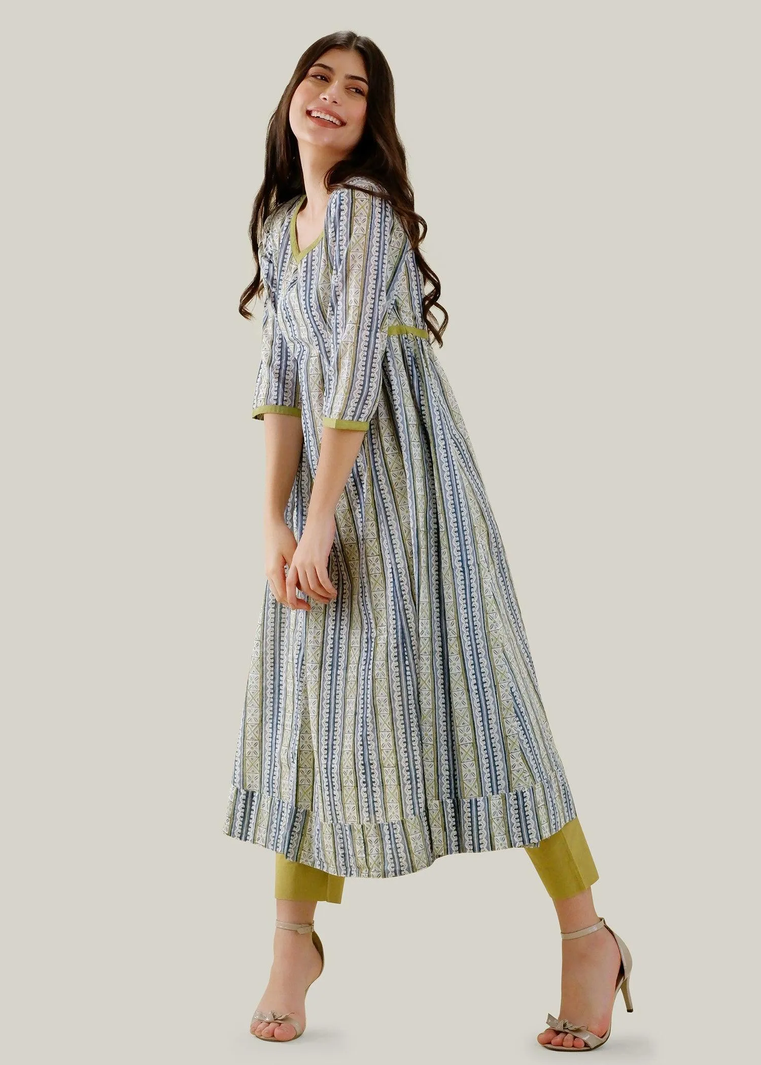 Blue, Lemon & Green Flared Voile Kashish Kurta