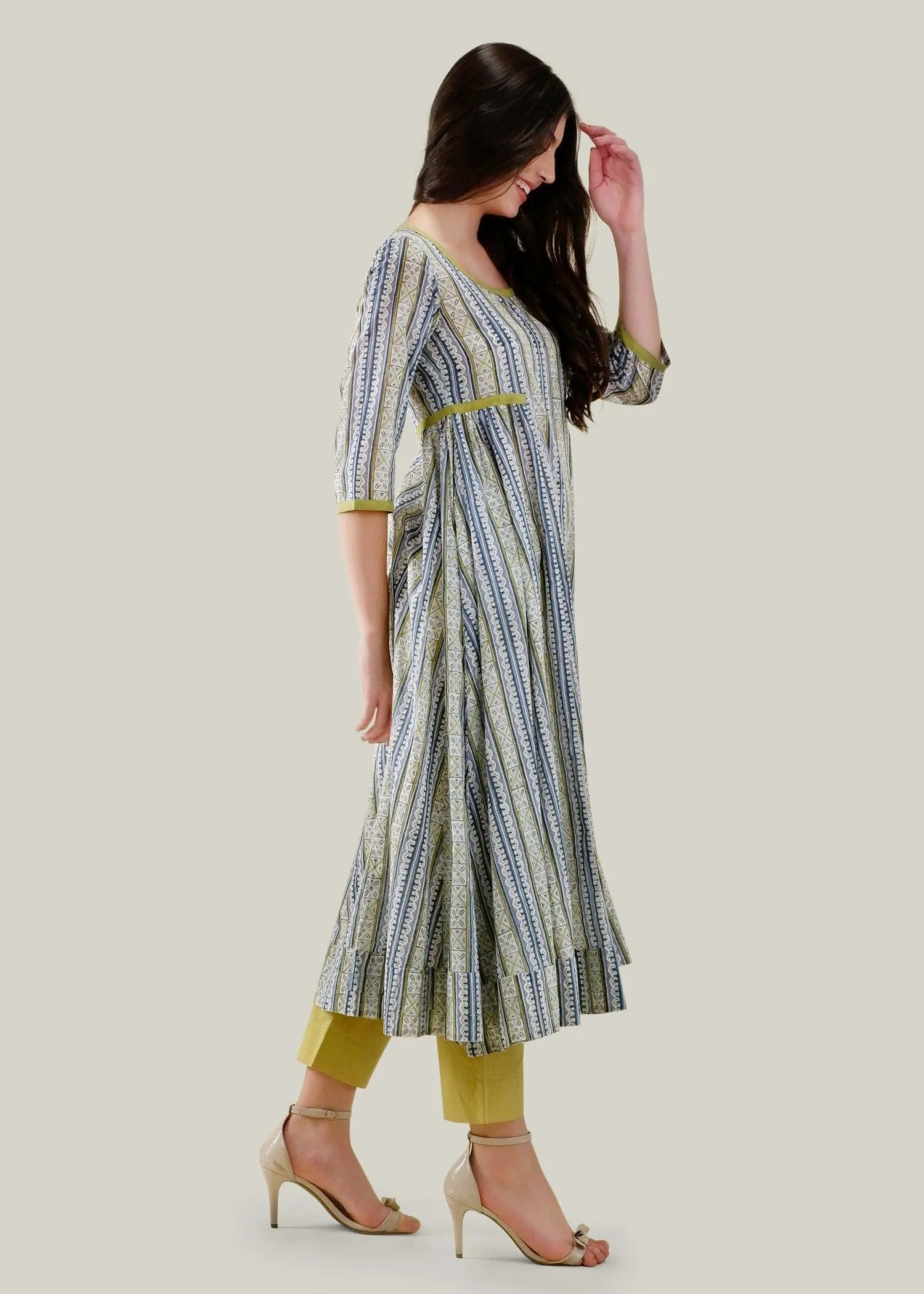 Blue, Lemon & Green Flared Voile Kashish Kurta