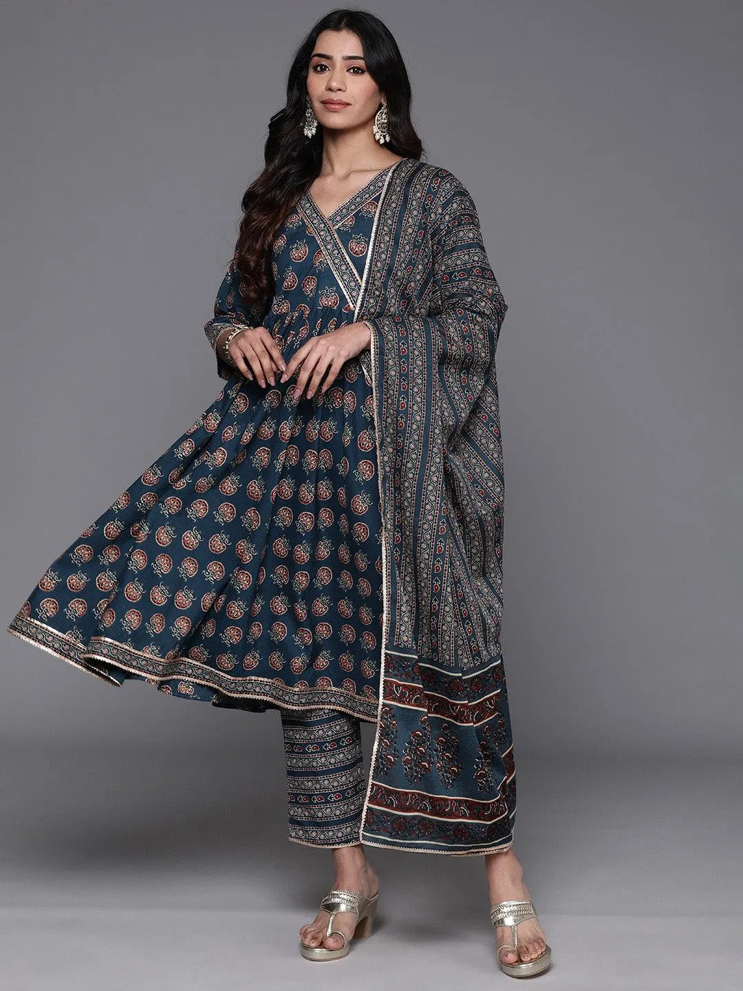 Blue Printed Cotton Anarkali Suit With Dupatta