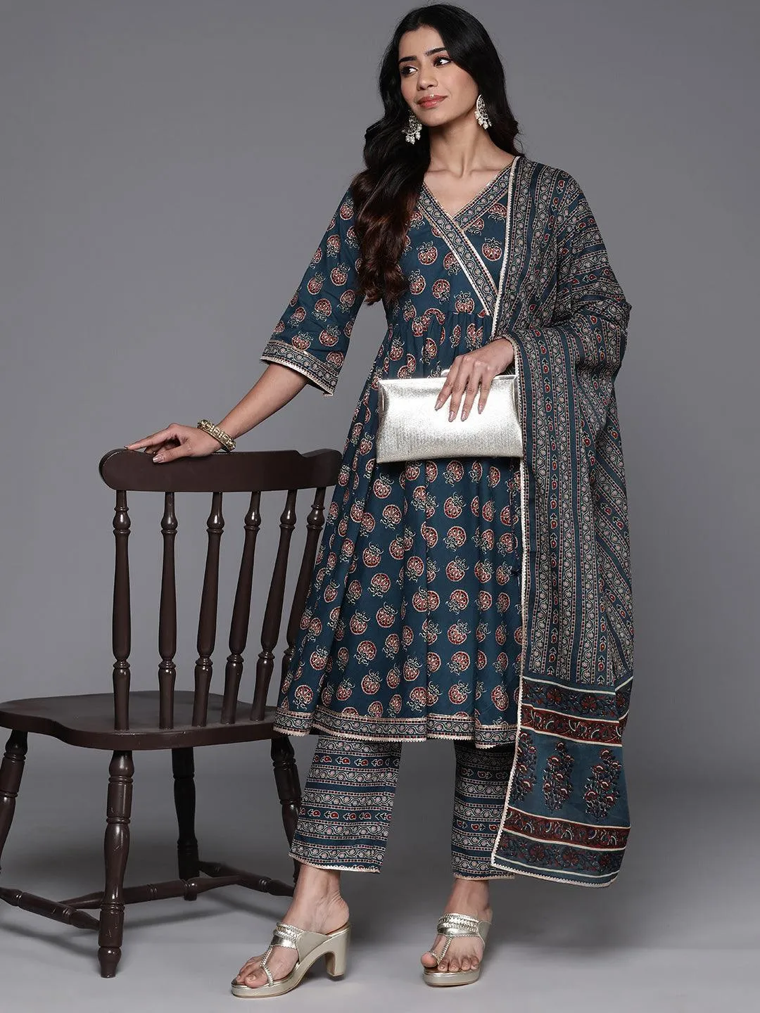 Blue Printed Cotton Anarkali Suit With Dupatta