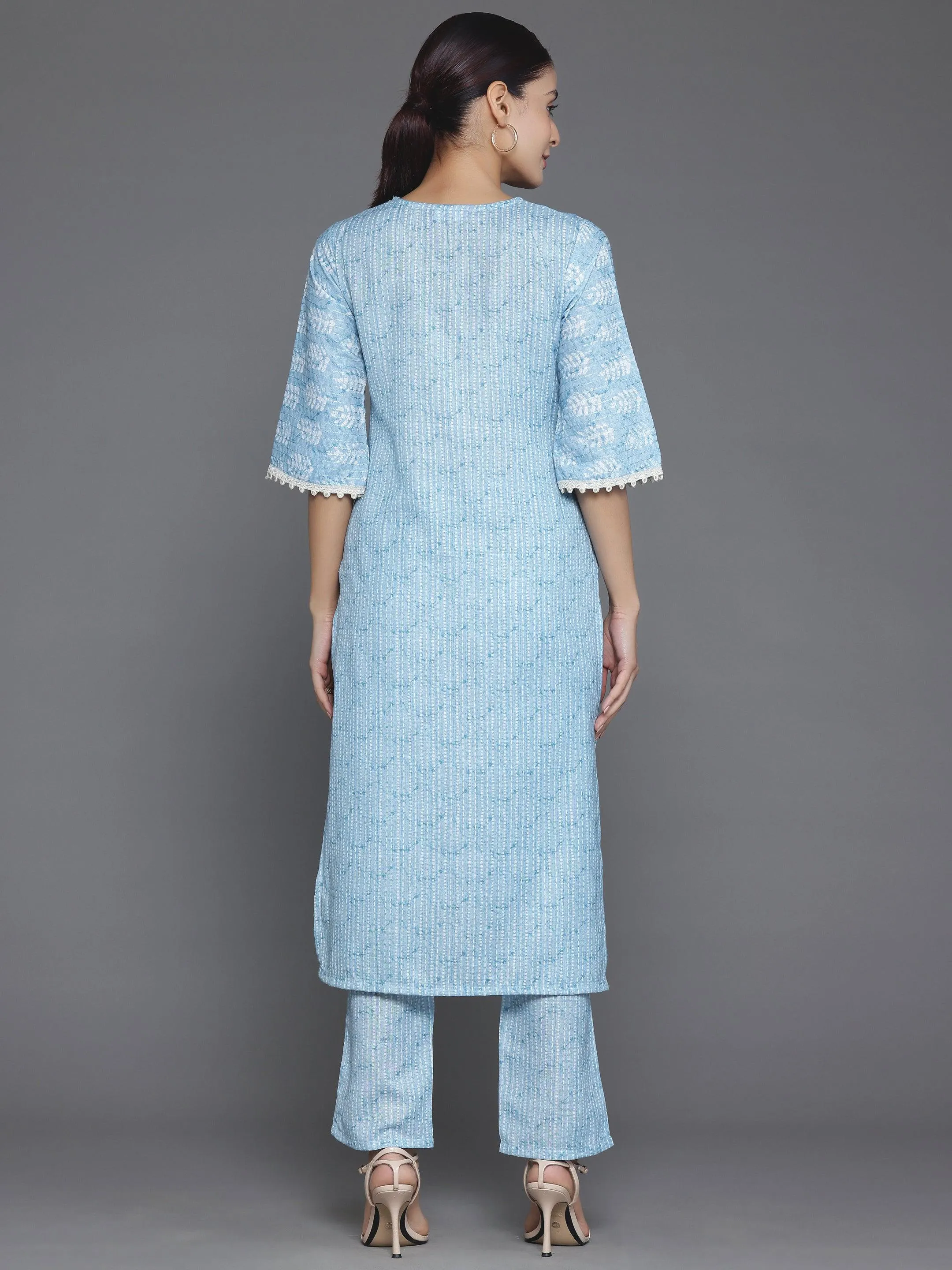 Blue Printed Cotton Straight Kurta Set